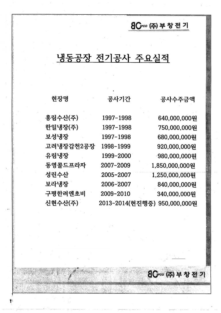 냉동공장 전기공사 주요실적